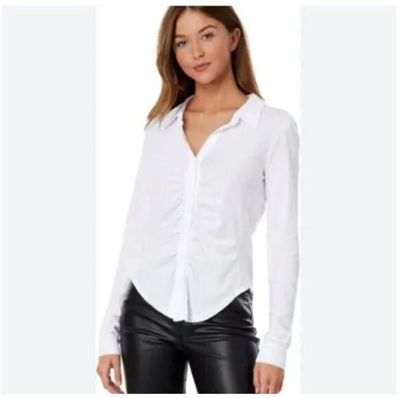 bobi Button Front Shirred Placket Tee in White Size XL - Picture 2 of 2